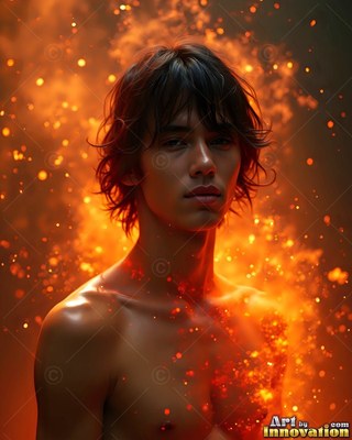 A shirtless young man looking forward surrounded by warm orange sparks
