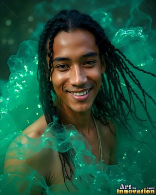 In a dark space, a smiling man with braided hair rests in green smoke