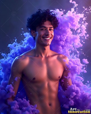 Smiling broadly, a shirtless man standing surrounded by clouds of purple smoke