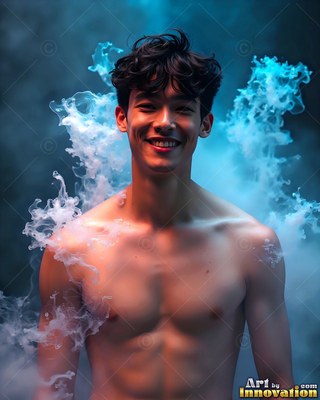 Smiling shirtless man with blue and white smoke around him