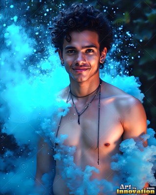 Curly dark hair frames a shirtless man with a smile surrounded by blue powder smoke