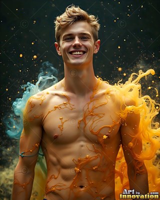A smiling shirtless man stands while bright yellow and pale blue smoke swirls over his skin