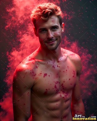 Facing forward in a dark space, a shirtless man smiles through red smoke
