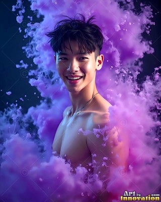 A shirtless smiling man is surrounded by thick clouds of purple smoke