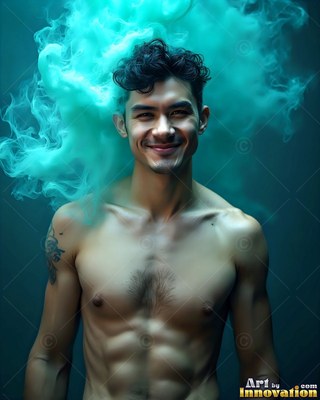 In a cloud of turquoise smoke, a smiling shirtless man poses against dark space