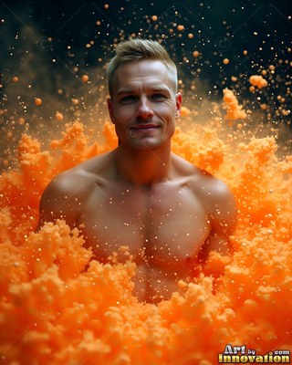 Smiling softly, a shirtless man emerges from a dense cloud of orange powder