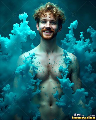 Smiling shirtless man surrounded by clouds of turquoise powder