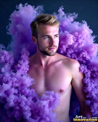 Short blond hair on a shirtless man surrounded by clouds of violet smoke