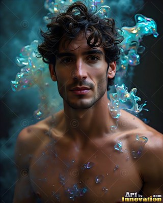 A shirtless man looks forward as blue, glassy smoke bubbles rise around his shoulders