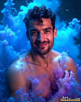Smiling chest-up in blue water, a shirtless man surrounded by purple clouds