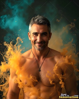 A grinning shirtless man with graying hair surrounded by yellow and blue smoke