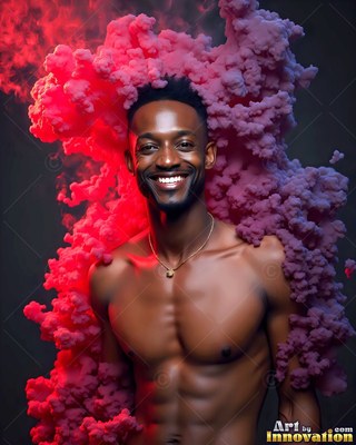 In a dark studio, a shirtless smiling man is wrapped in pink and red smoke