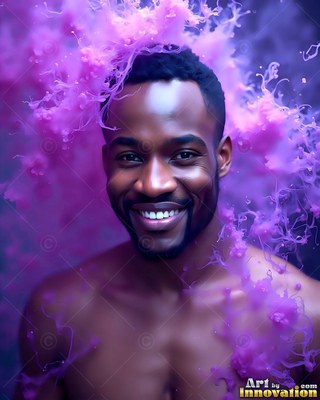 Smiling warmly, a shirtless Black man stands surrounded by drifts of purple smoke