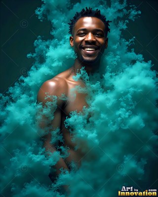 Shirtless man with a smile surrounded by turquoise smoke clouds