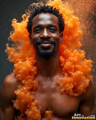 A smiling man with a neat goatee stands in a cloud of thick orange smoke around his bare chest