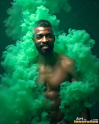 A man with no shirt smiling stands wrapped in clouds of thick green smoke