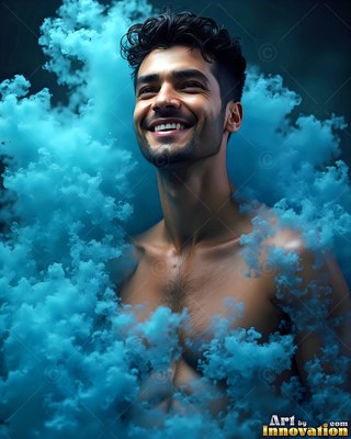 Facing forward, a shirtless man with a smile stands in heavy blue smoke