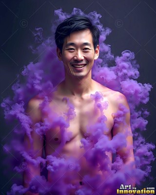 A man with no shirt smiling stands wrapped in clouds of purple smoke