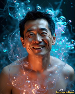In a dark blue space, a smiling shirtless man is surrounded by clear bubbles