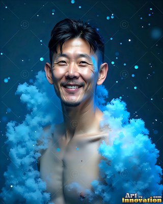 Smiling brightly, a shirtless man stands inside puffy clouds of blue smoke