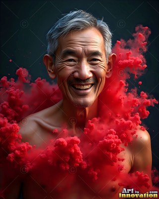 Smiling shirtless older man surrounded by red smoke