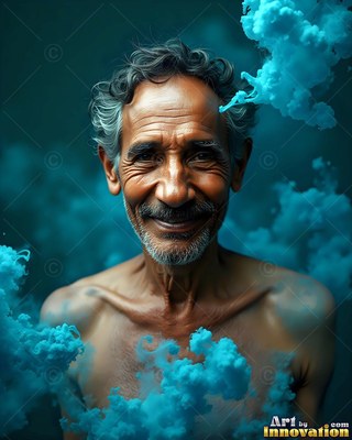 Wrinkled smile on an older shirtless man surrounded by puffs of turquoise smoke