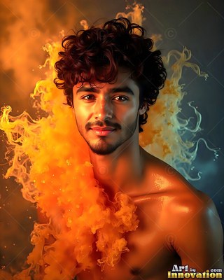 A shirtless man smiles as bright orange smoke swirls around his shoulder