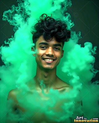 Facing forward in a dark space, a smiling shirtless man is surrounded by green smoke