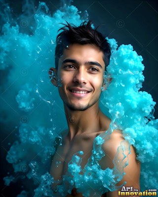 A smiling shirtless young man surrounded by puffy bright turquoise smoke clouds