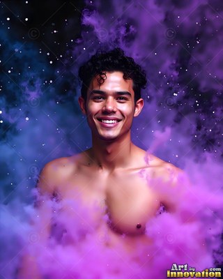 In clouds of purple smoke, a shirtless smiling man looks forward