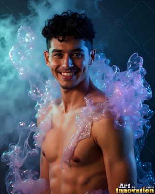 Smiling at the camera, a shirtless man is draped in light pink smoke clouds