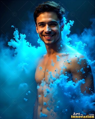 Shirtless smiling man covered in clouds of blue smoke