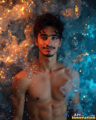 Curly dark hair frames a shirtless man with a smile surrounded by blue and gold clouds