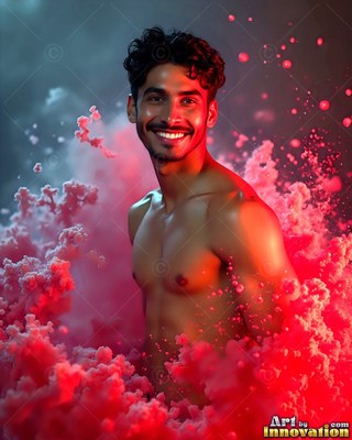 A smiling man without a shirt stands in billows of bright pink smoke lit with red light