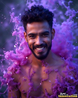 Facing forward outside, a smiling shirtless man surrounded by purple smoke clouds