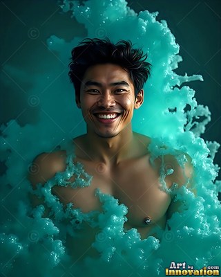A smiling shirtless man is surrounded by thick clouds of turquoise smoke