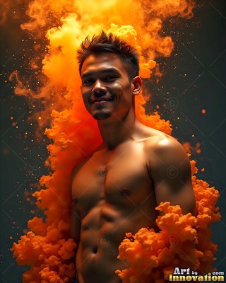 In dark space, a shirtless smiling man stands in thick orange smoke