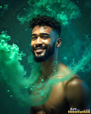Smiling warmly, a shirtless man is surrounded by swirling green smoke