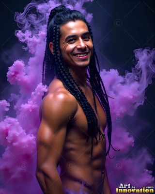 Shirtless man with braided hair smiling in pink smoke