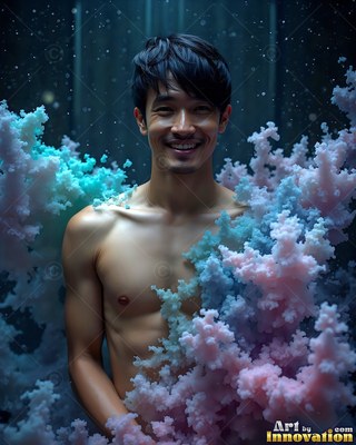Smiling with dark hair, a shirtless man is standing surrounded by pink and blue powder clouds