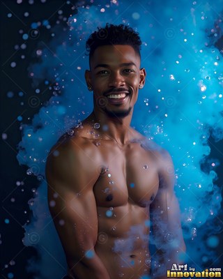 A smiling man without a shirt stands framed by bright blue smoke and floating bubbles