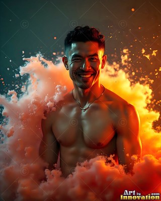 Facing forward, a smiling shirtless man standing surrounded by orange smoke clouds