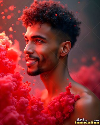 A shirtless man with a smile looks to the side surrounded by red smoke powder