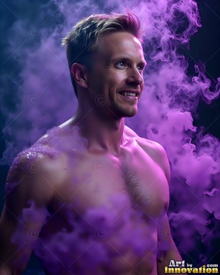In a cloud of purple smoke, a shirtless smiling man turns to the side