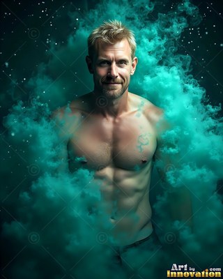 Smiling slightly, a muscular shirtless man standing in swirls of teal smoke