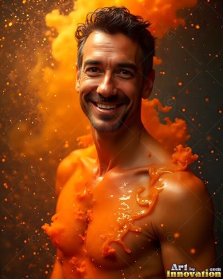 Smiling shirtless man splashed with orange powder and paint