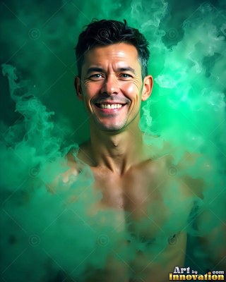 Smiling broadly, a shirtless man is surrounded by swirling clouds of bright green smoke