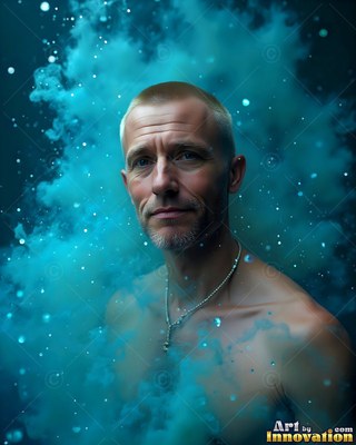A shirtless man looks forward as blue powder drifts around his chest