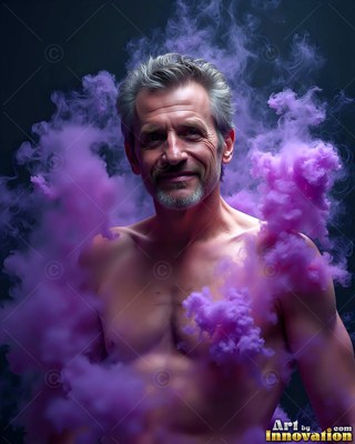 Facing forward in a dark space, a shirtless man is surrounded by purple smoke clouds