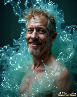 A smiling man is surrounded by thick splashes of light blue liquid